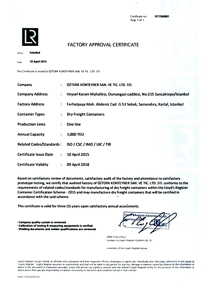 Ozturk Container - Factory Approval Certificate